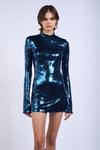 POLO NECK LONG SLEEVE SEQUINED MINI DRESS