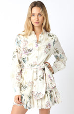 White Floral Eyelet Button-Up Mini Dress with Waist Tie