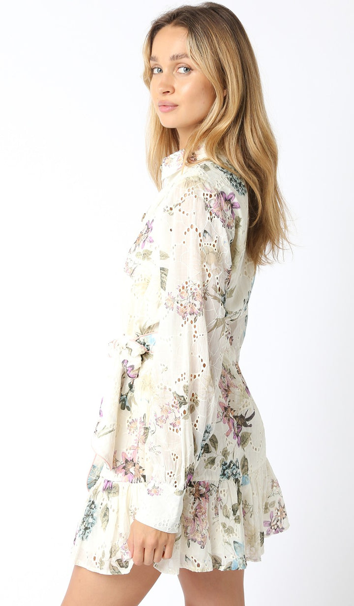 White Floral Eyelet Button-Up Mini Dress with Waist Tie