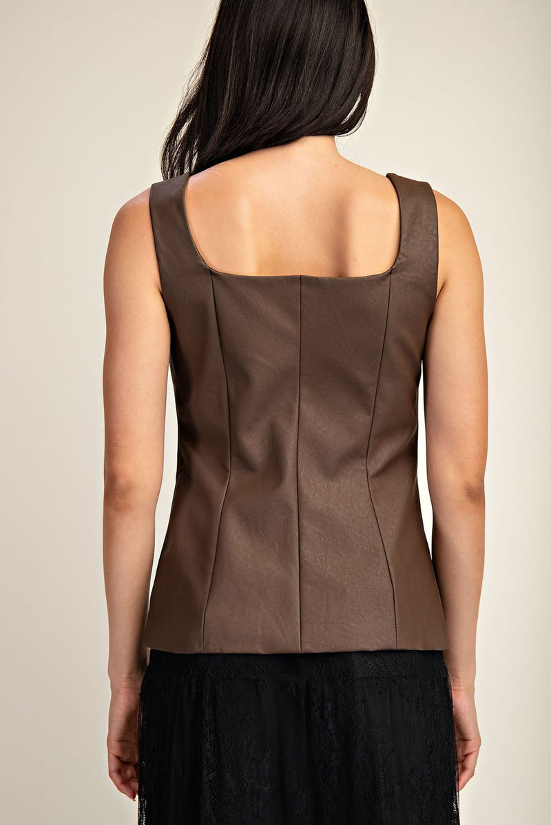 VEGAN LEATHER SQUARED NECKLINE TAILORED TOP