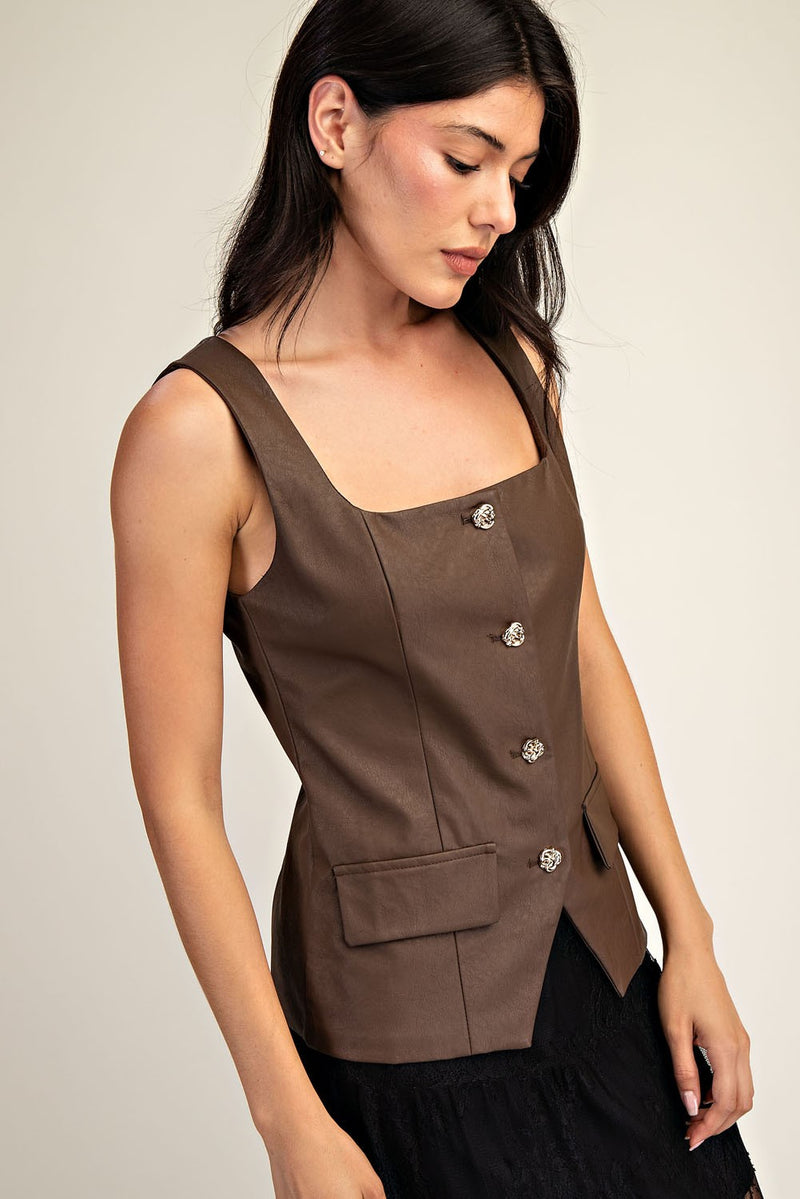 VEGAN LEATHER SQUARED NECKLINE TAILORED TOP