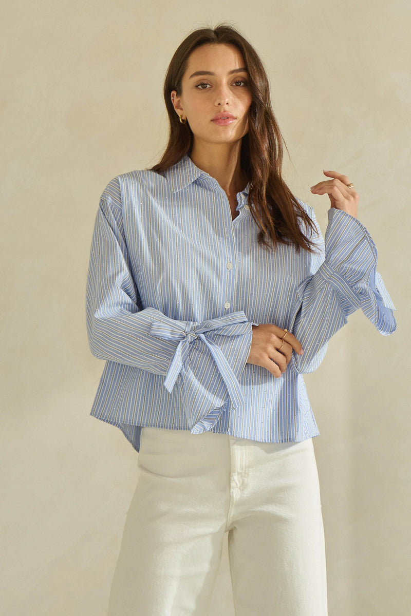 Striped Button-Up Blouse with Bow-Tie Sleeves - Blue