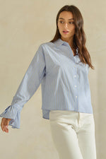 Striped Button-Up Blouse with Bow-Tie Sleeves - Blue