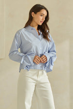 Striped Button-Up Blouse with Bow-Tie Sleeves - Blue