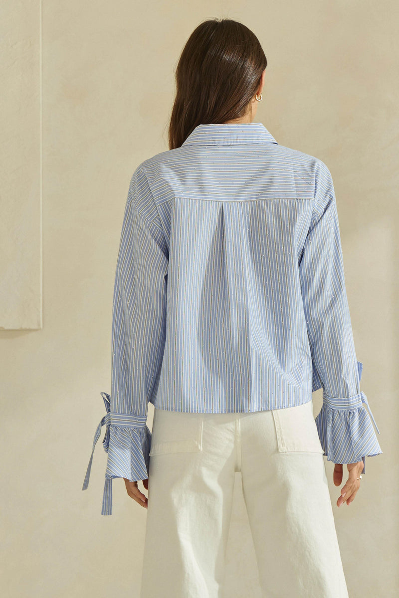 Striped Button-Up Blouse with Bow-Tie Sleeves - Blue