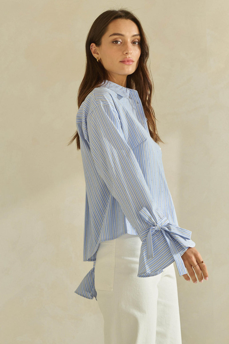 Striped Button-Up Blouse with Bow-Tie Sleeves - Blue