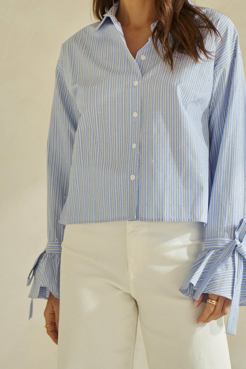 Striped Button-Up Blouse with Bow-Tie Sleeves - Blue