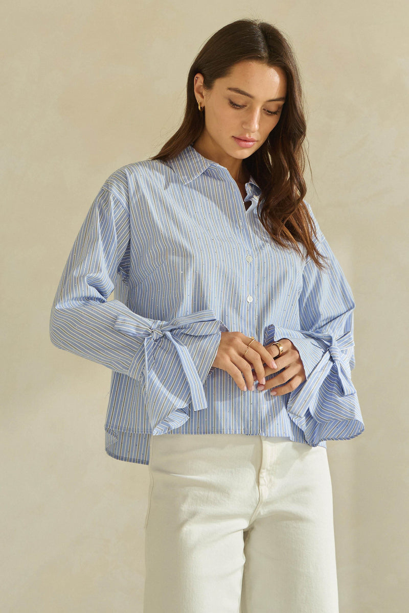 Striped Button-Up Blouse with Bow-Tie Sleeves - Blue