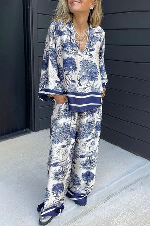 Navy and White Toile Print Two-Piece Loungewear Set