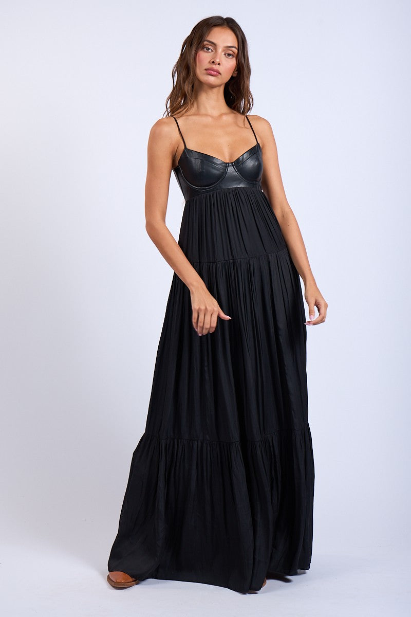 LEATHER BRA TOP SLEEVELESS SILKY MAXI DRESS