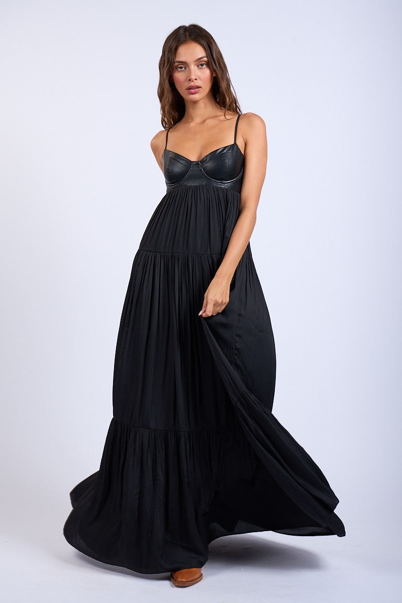 LEATHER BRA TOP SLEEVELESS SILKY MAXI DRESS