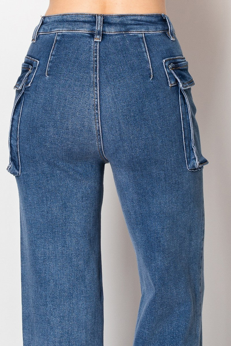 High Rise Flare Denim Cargo Jeans