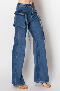 High Rise Flare Denim Cargo Jeans