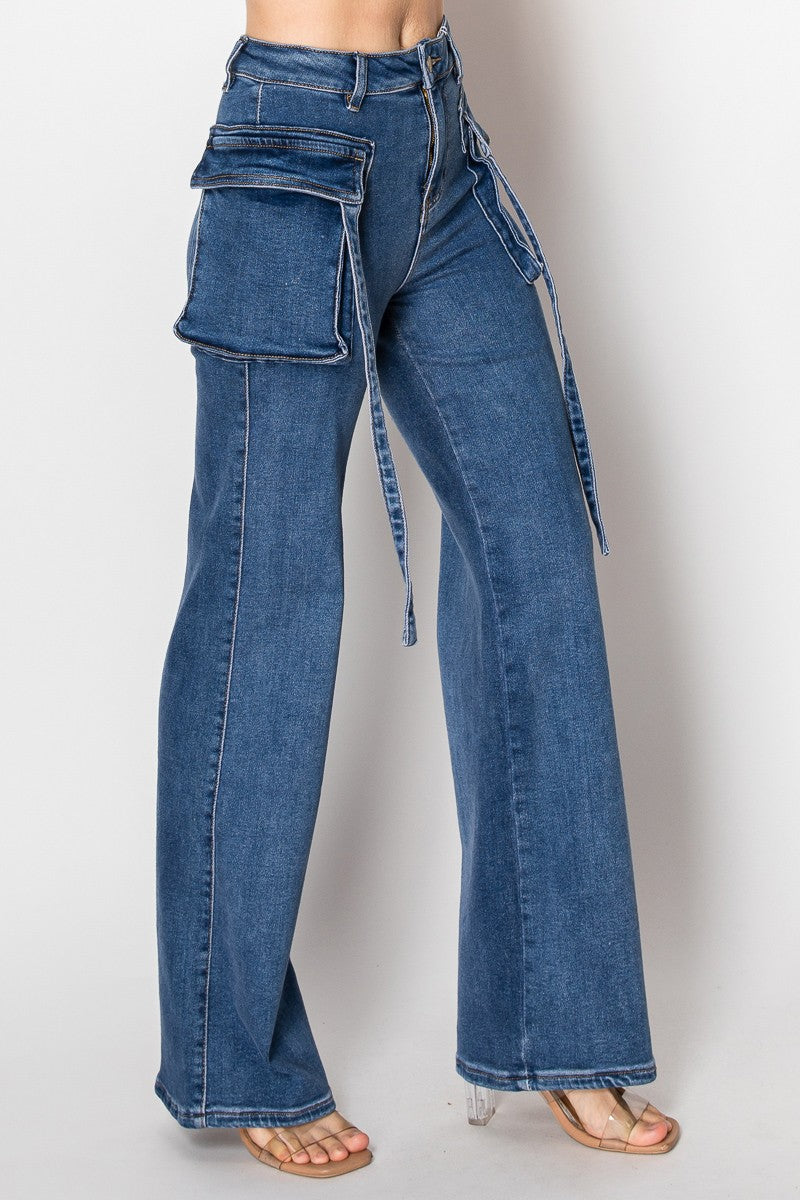 High Rise Flare Denim Cargo Jeans