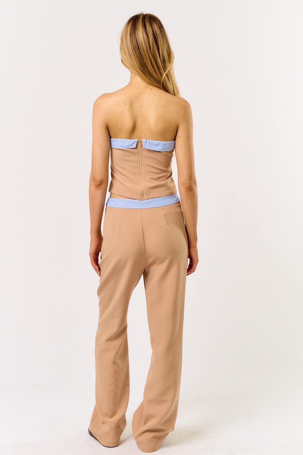 Two-Tone Strapless Vest & Trouser Set in Camel