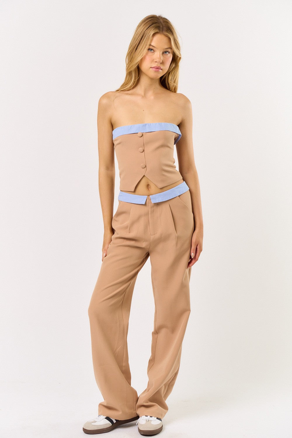 Two-Tone Strapless Vest & Trouser Set in Camel