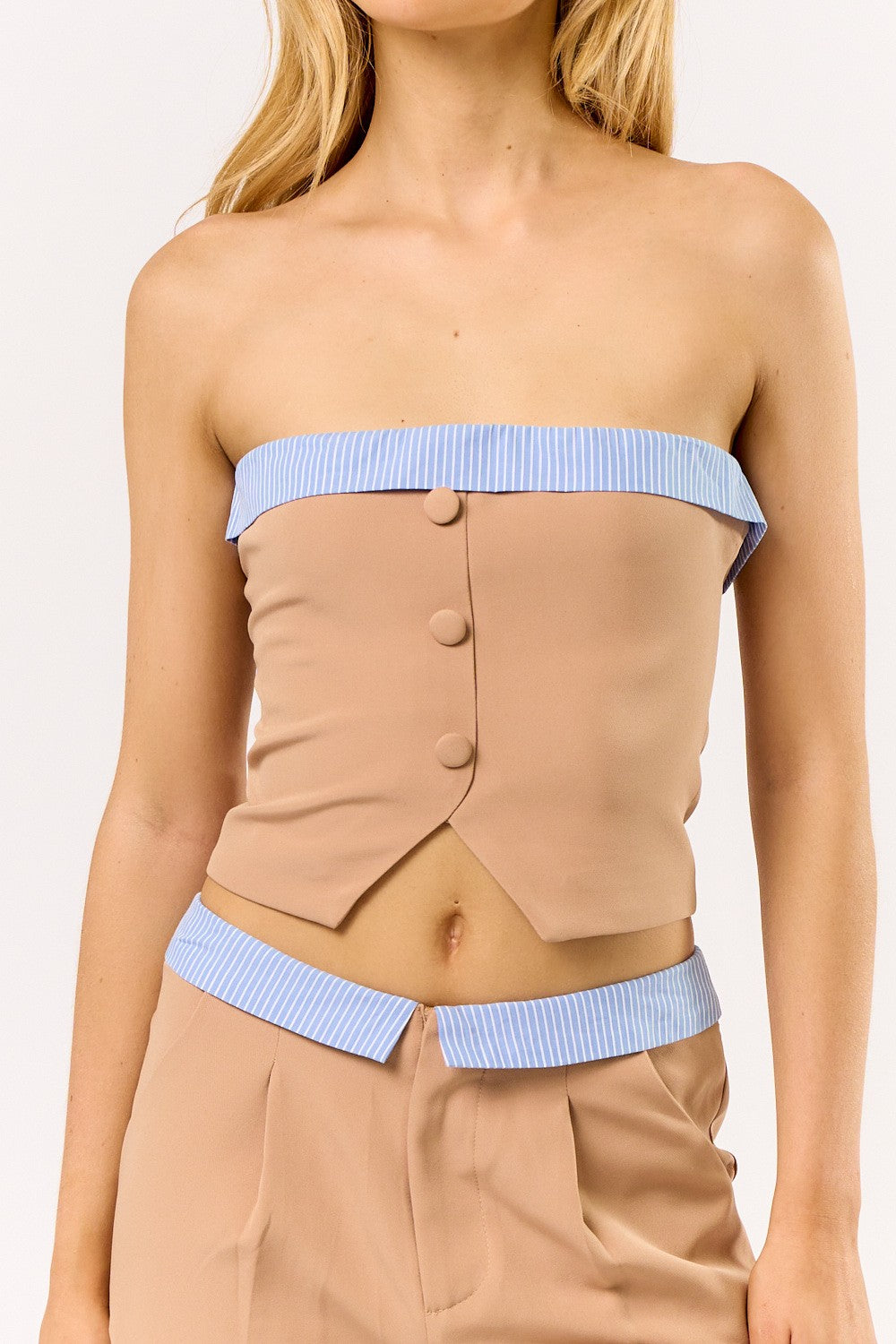 Two-Tone Strapless Vest & Trouser Set in Camel