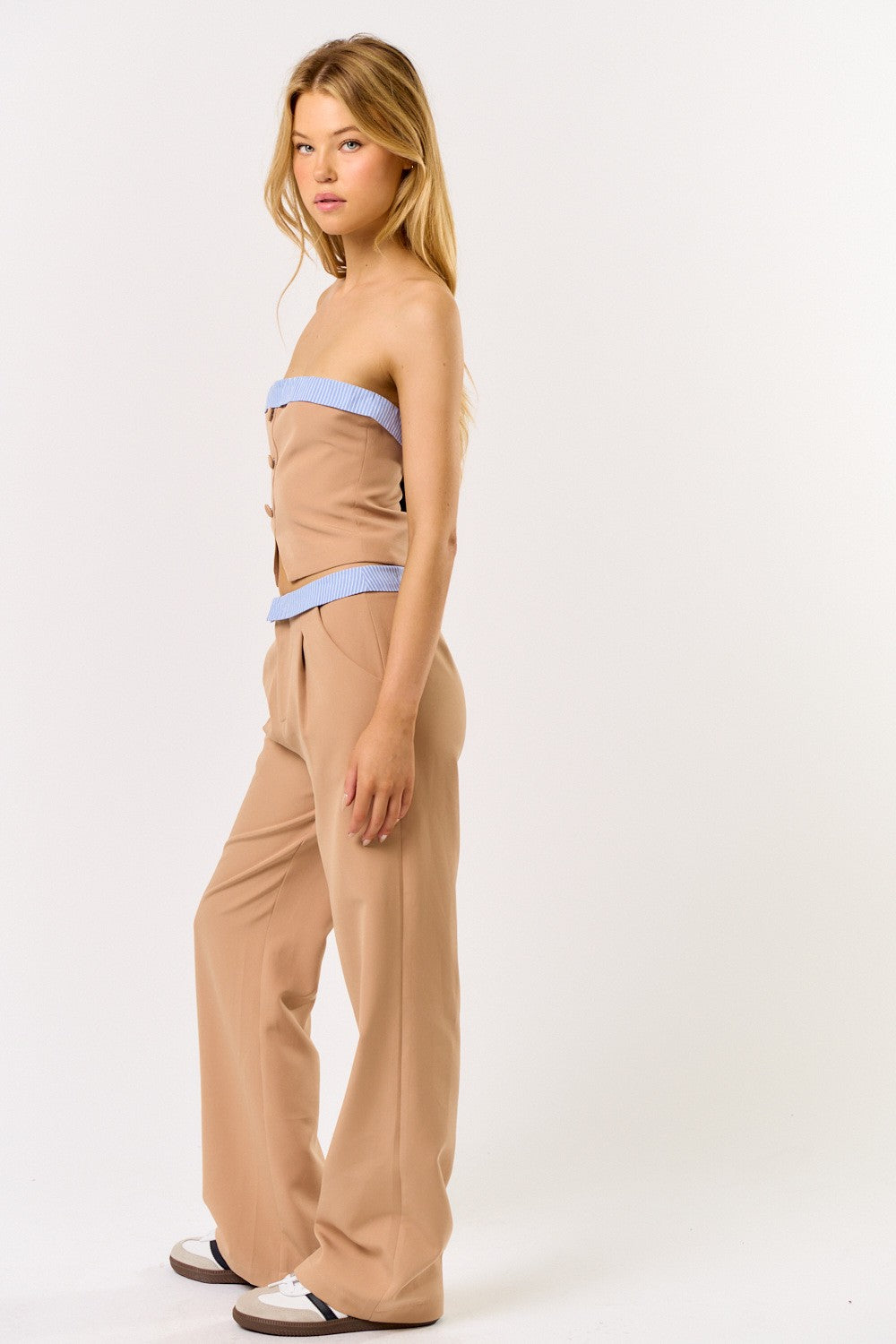 Two-Tone Strapless Vest & Trouser Set in Camel