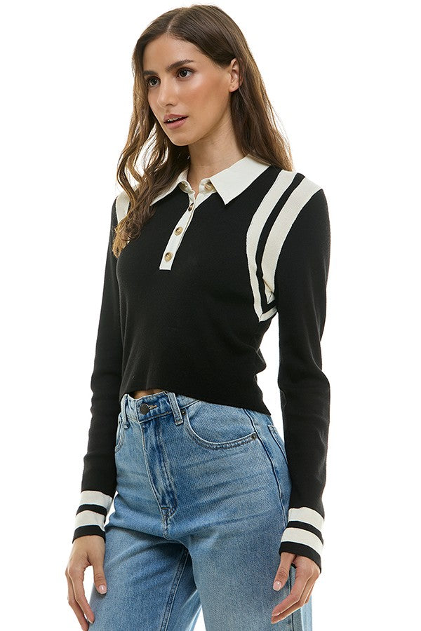 CONTRAST COLLAR SHOULDER STRIPE SWEATER