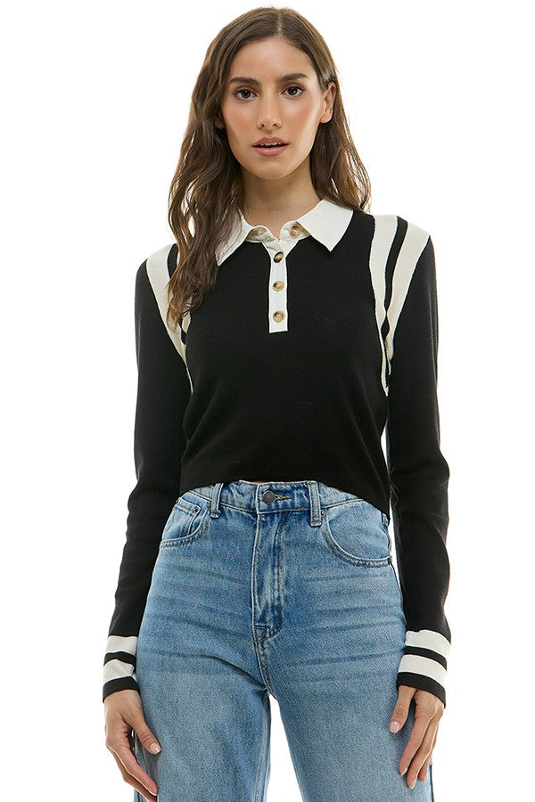 CONTRAST COLLAR SHOULDER STRIPE SWEATER