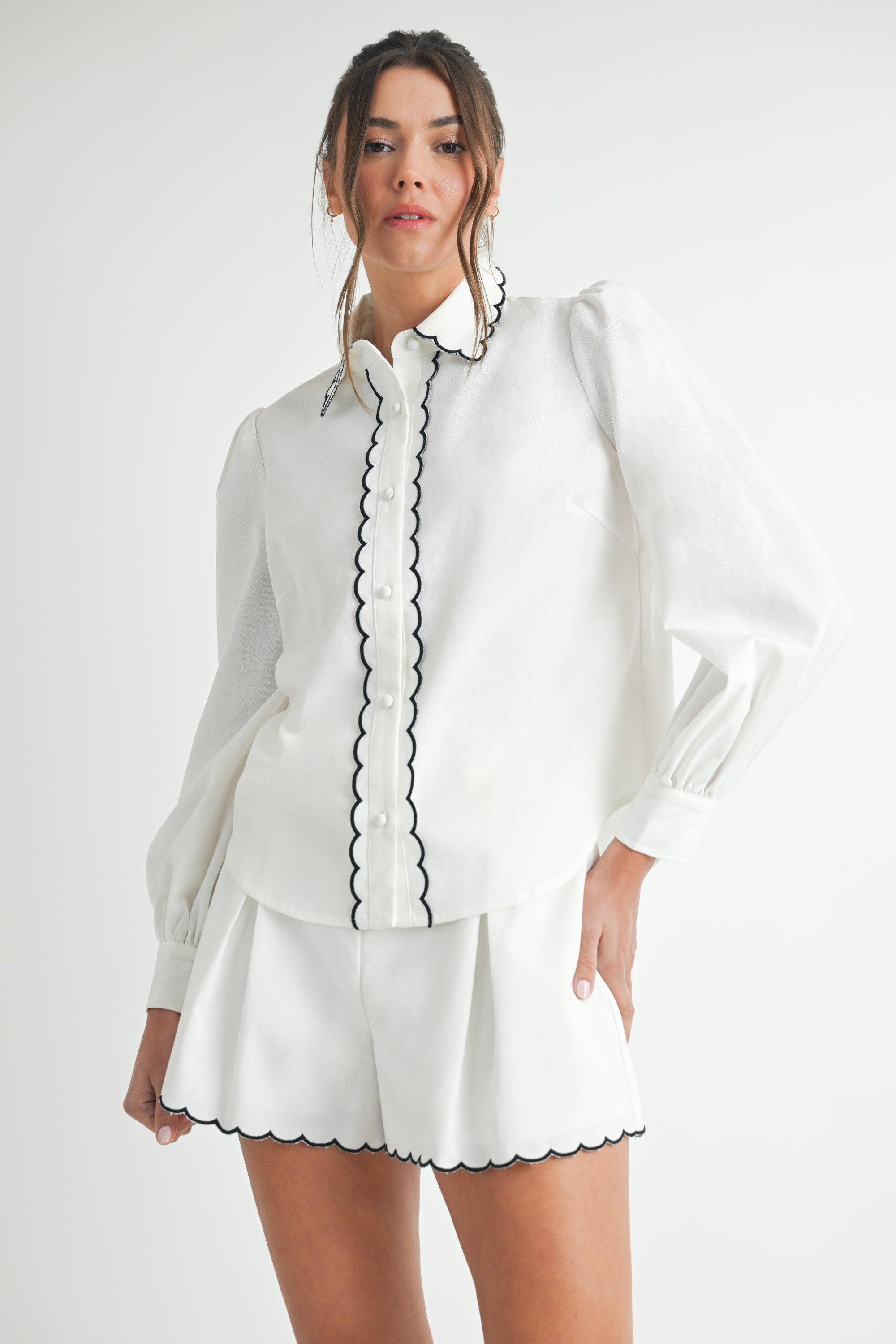 White Scallop Trim Button-Up Blouse and Belted Pleated Shorts Set