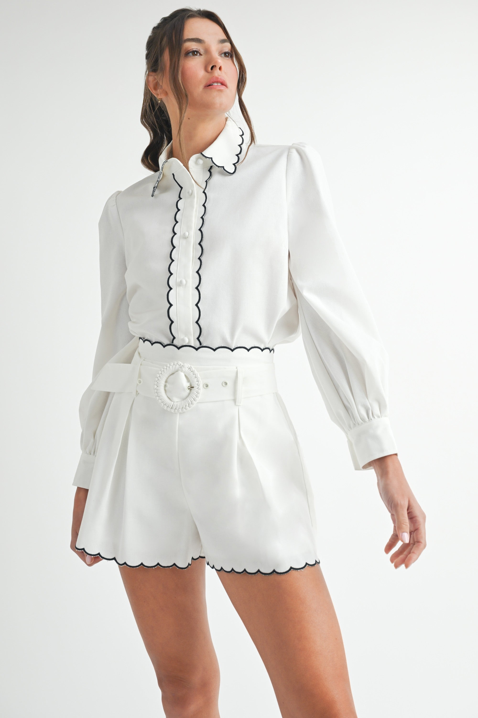 White Scallop Trim Button-Up Blouse and Belted Pleated Shorts Set