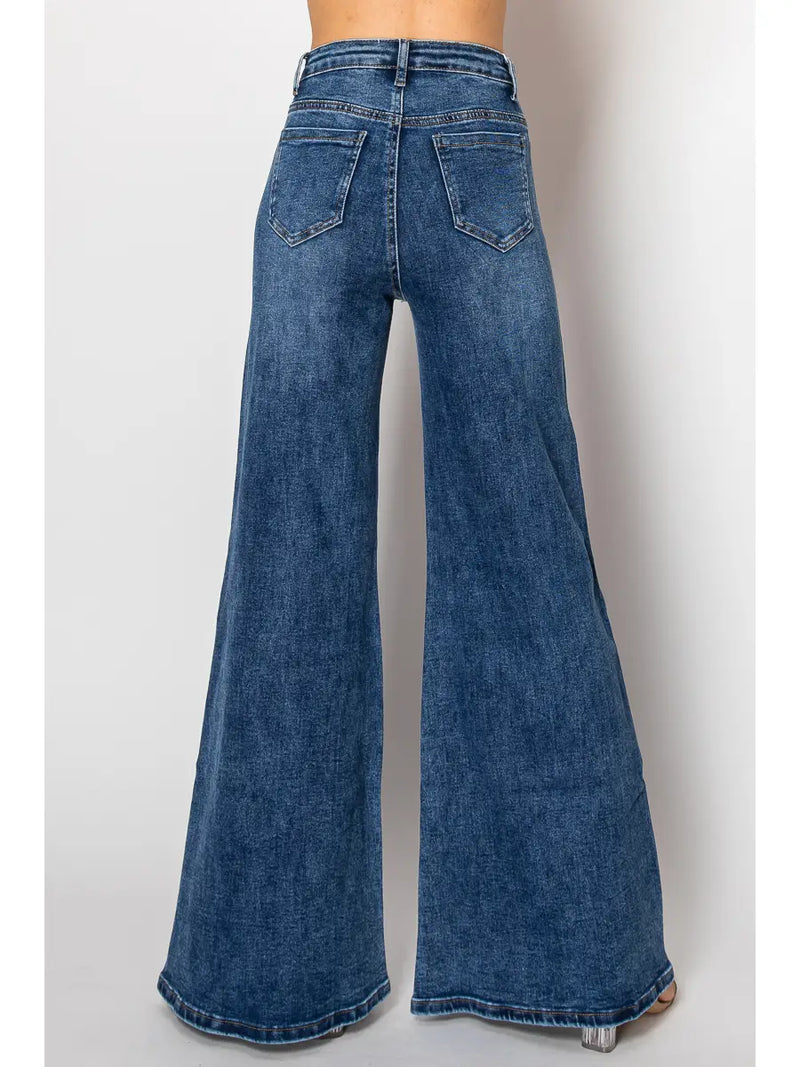 Wide-Leg Denim Jeans with Silver Sequin Geometric Pattern
