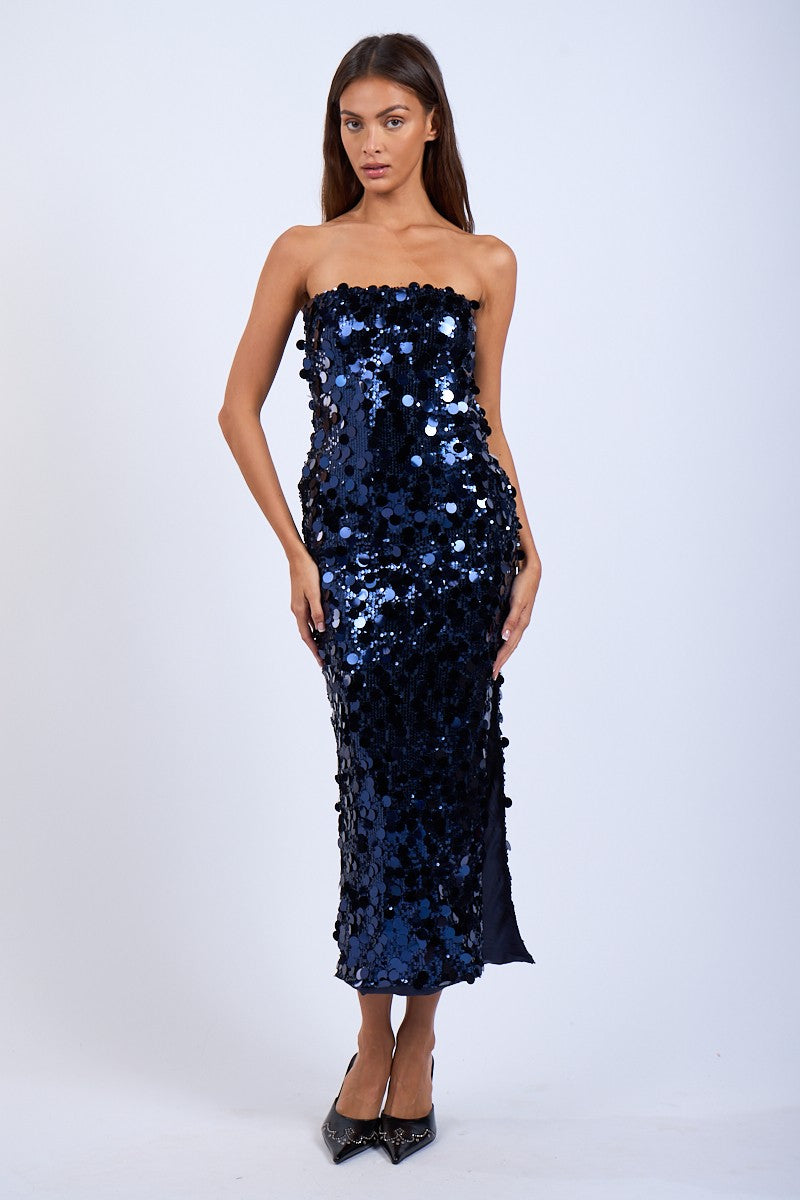 SEQUIN ALL OVER ONE-SIDE SLIT TUBE MIDI DRESS