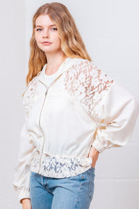 Ivory Zip-Up Hoodie with Sheer Lace Panels