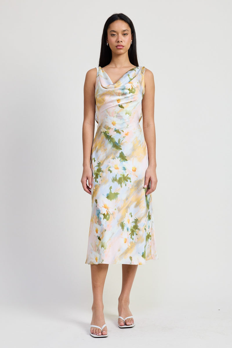 Floral Satin Midi Dress with Cowl Neck-Yellow