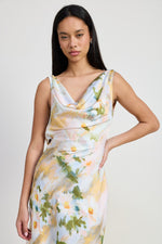 Floral Satin Midi Dress with Cowl Neck-Yellow