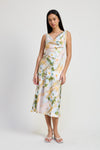 Floral Satin Midi Dress with Cowl Neck-Yellow