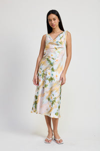 Floral Satin Midi Dress with Cowl Neck-Yellow