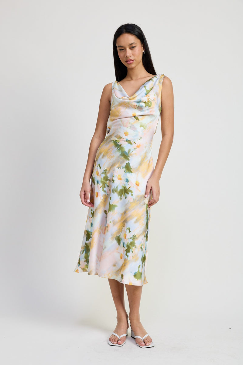 Floral Satin Midi Dress with Cowl Neck-Yellow