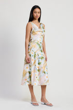 Floral Satin Midi Dress with Cowl Neck-Yellow