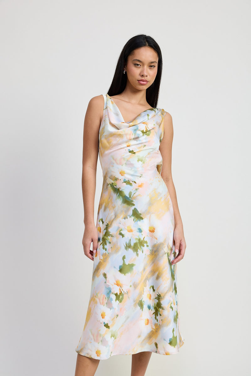 Floral Satin Midi Dress with Cowl Neck-Yellow