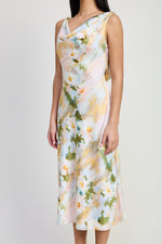 Floral Satin Midi Dress with Cowl Neck-Yellow