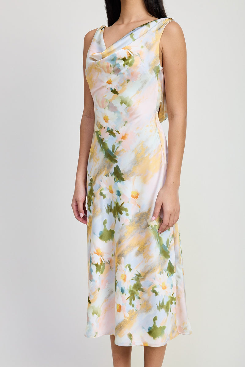 Floral Satin Midi Dress with Cowl Neck-Yellow