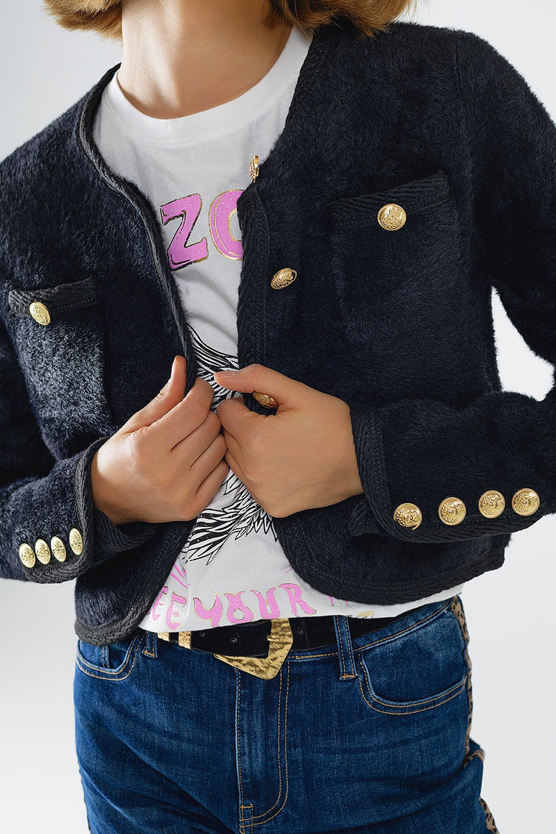 Black Textured Cropped Jacket with Gold Buttons