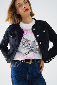 Black Textured Cropped Jacket with Gold Buttons