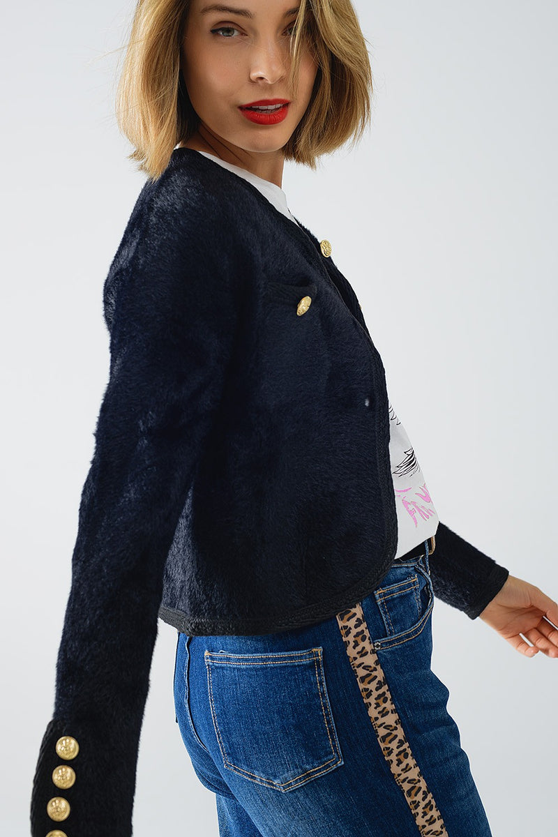 Black Textured Cropped Jacket with Gold Buttons