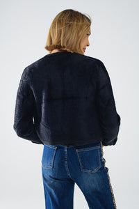 Black Textured Cropped Jacket with Gold Buttons