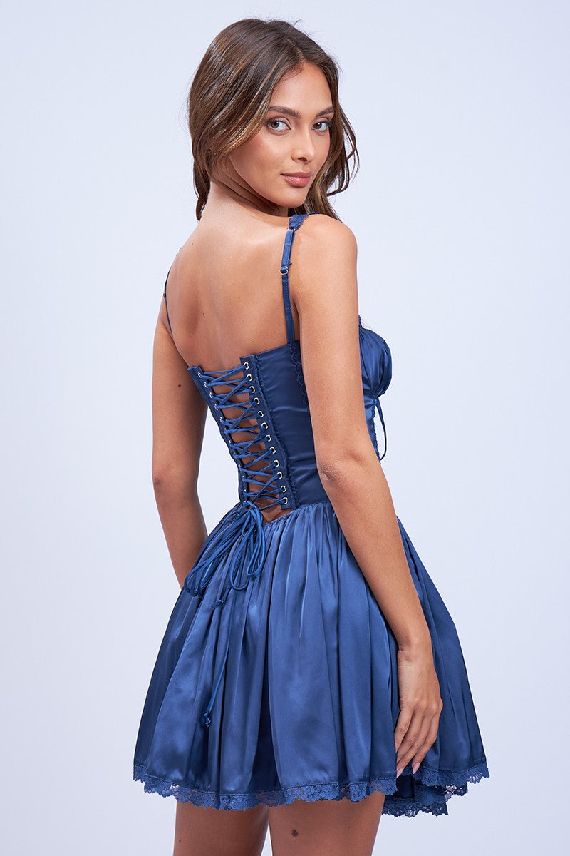 SATIN CORSET SHAPE LACE TRIM FLARE MINI DRESS Amanda Jean NYC SATIN CORSET SHAPE LACE TRIM FLARE MINI DRESS Amanda Jean NYC