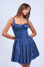 SATIN CORSET SHAPE LACE TRIM FLARE MINI DRESS