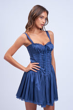 SATIN CORSET SHAPE LACE TRIM FLARE MINI DRESS