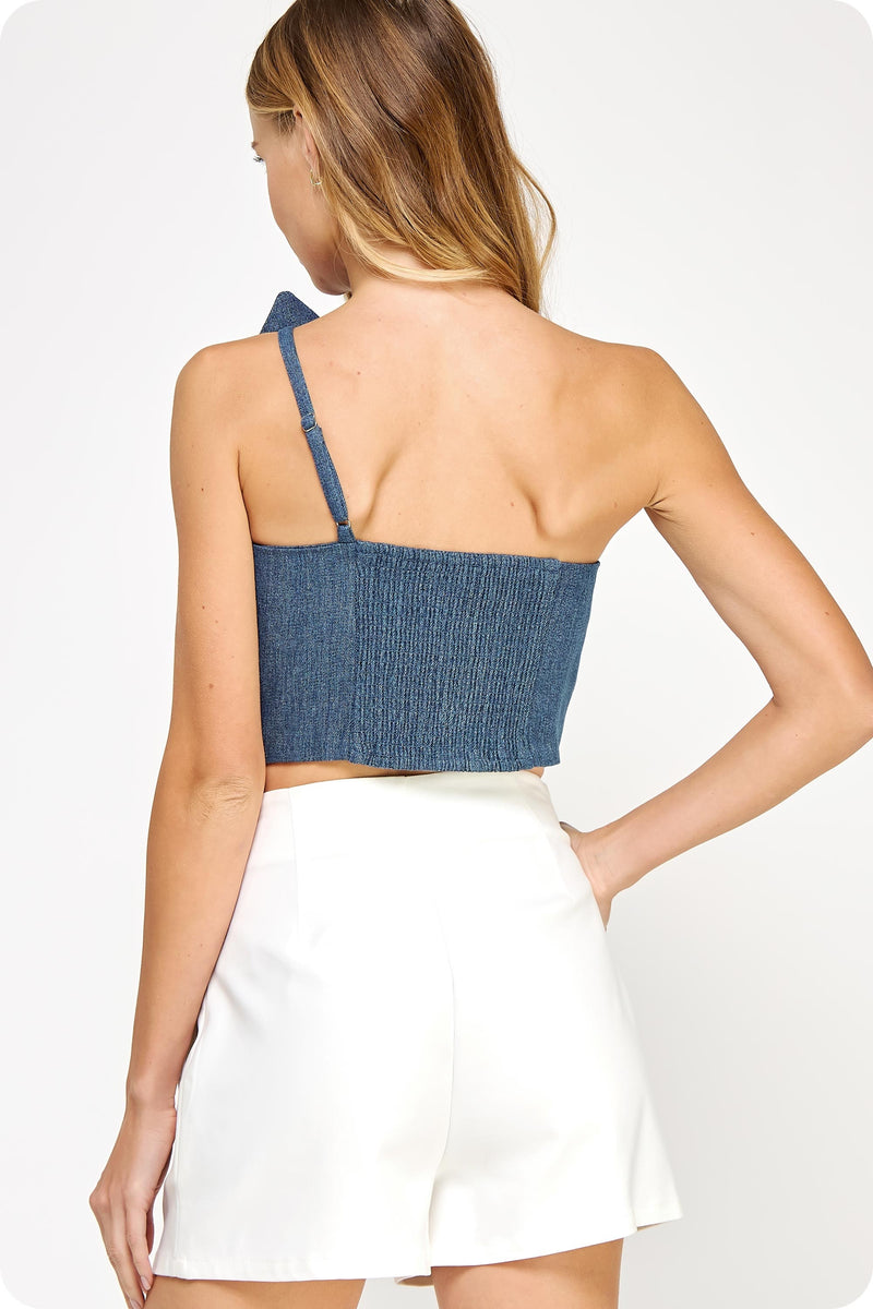 One-Shoulder Knotted Flower Bow Denim Crop Top