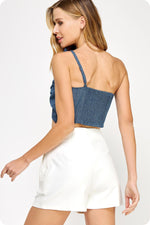 One-Shoulder Knotted Flower Bow Denim Crop Top