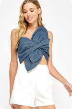 One-Shoulder Knotted Flower Bow Denim Crop Top