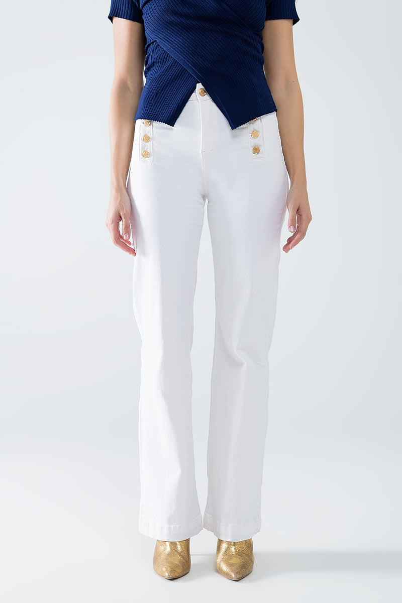 STRAIGHT MARINE STYLE JEANS WITH GOLDEN BUTTONS DETAILS WHITE