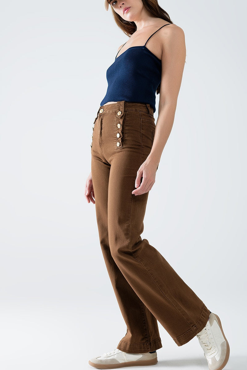 STRAIGHT MARINE STYLE JEANS WITH GOLDEN BUTTONS DETAILS BROWN